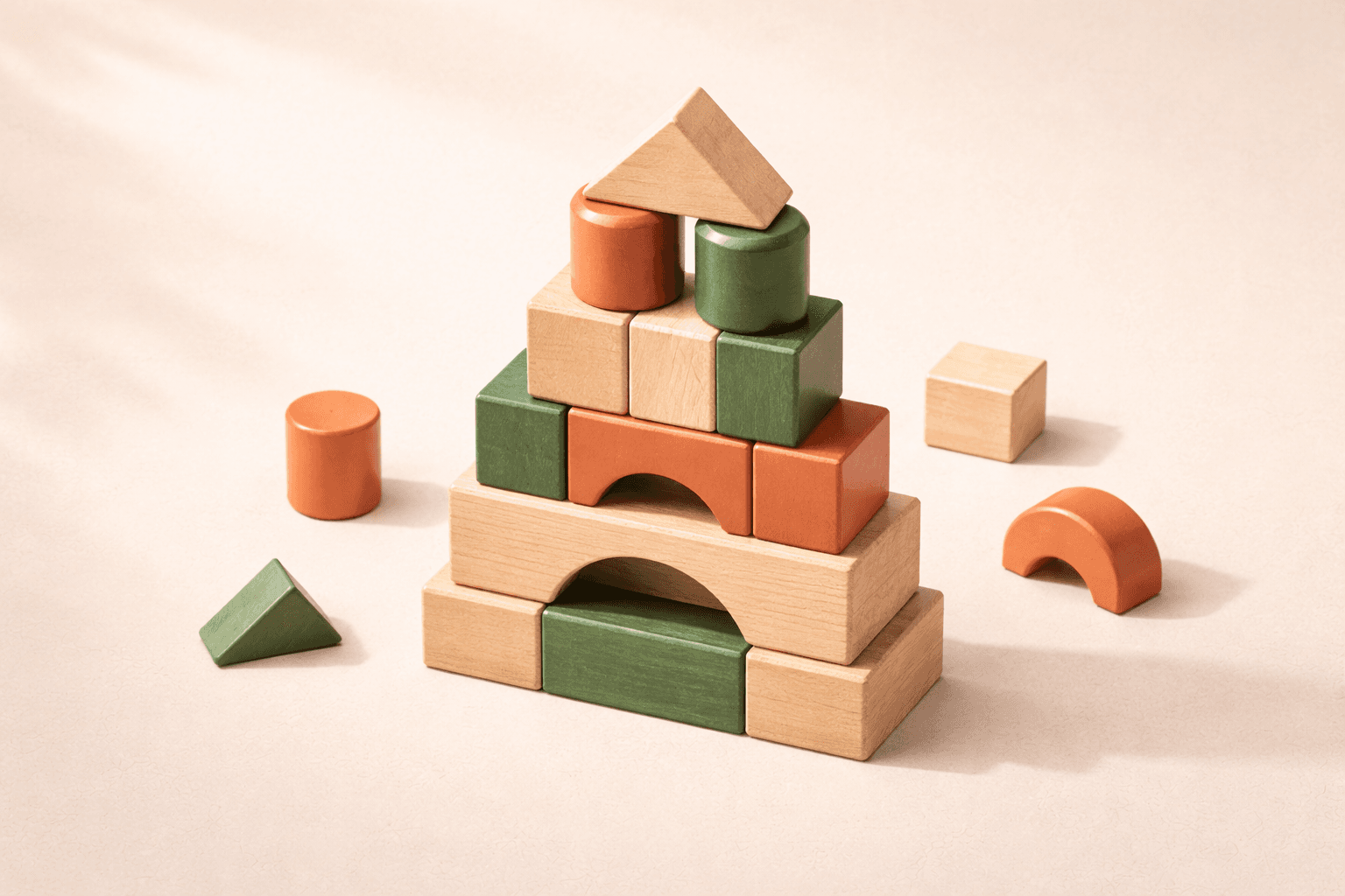 Colourful wooden building blocks stacked in layers on a cream background